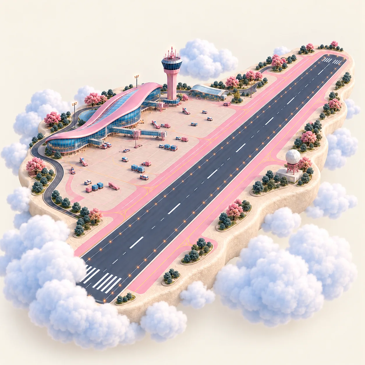 An imaginary miniature airport in pink and blue, with a long runway, sweeping terminal and control tower, floating among big and small clouds.