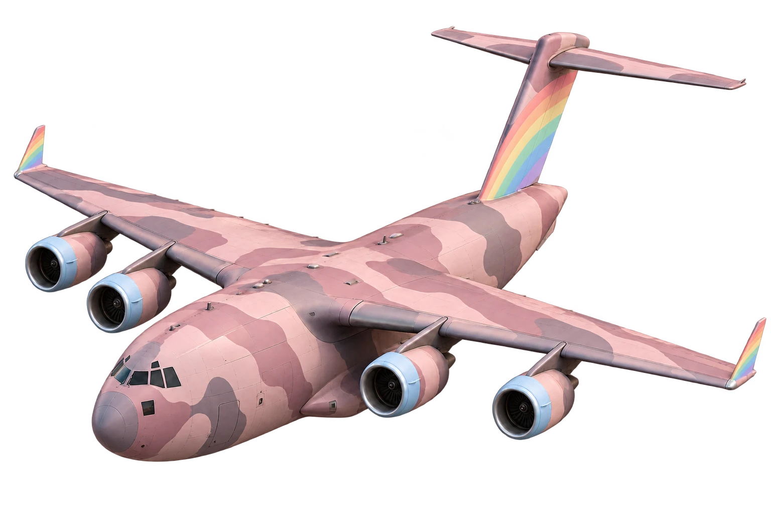 A sculptural C-17A in soft rose camouflage with a pastel rainbow tail, four turbofans, high swept wings, canted winglets and a T-tail.