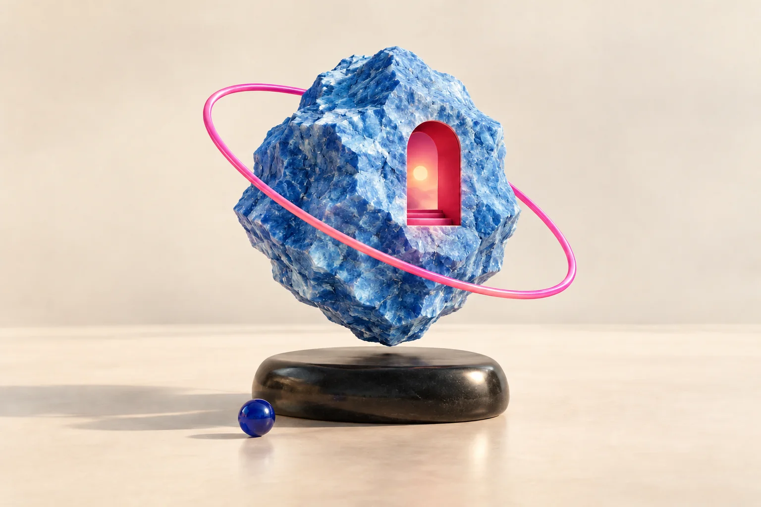 A surreal blue stone with a pink doorway: an illustration of a world waiting to be explored.
