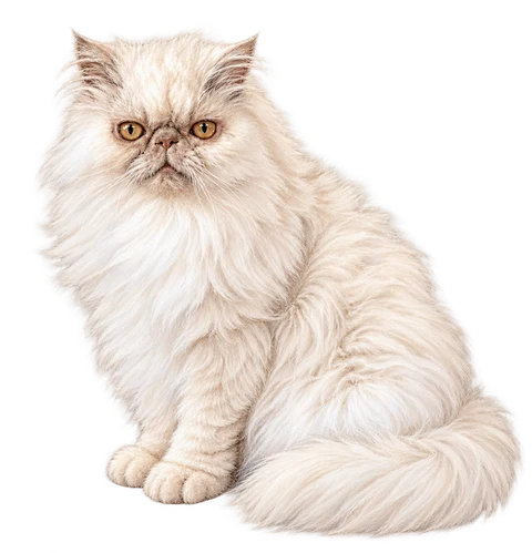 An illustrated cream long-haired cat with amber eyes.