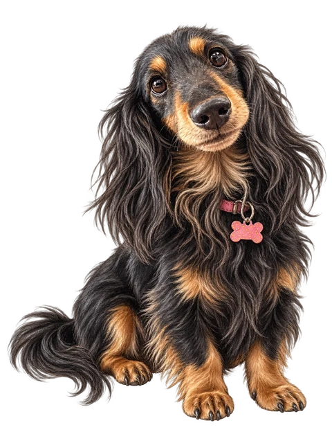 An illustrated black-and-tan long-haired dog wearing a pink bone tag.
