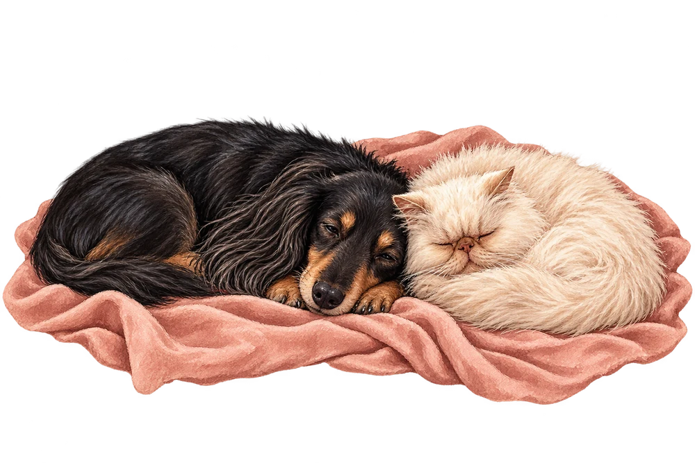 An illustrated black-and-tan dog and cream long-haired cat asleep together on a pink blanket.